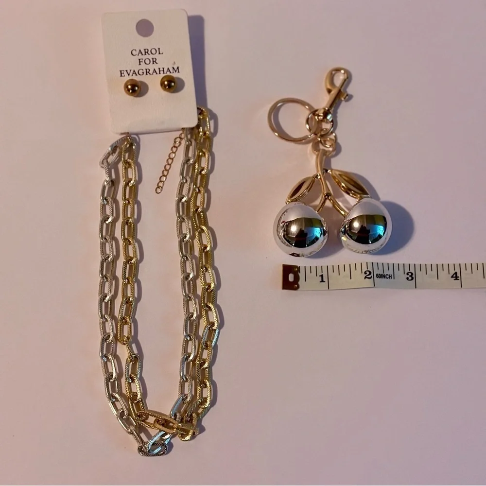 Carol for Evagraham Silver and Gold Necklace Set & Cherry Keychain